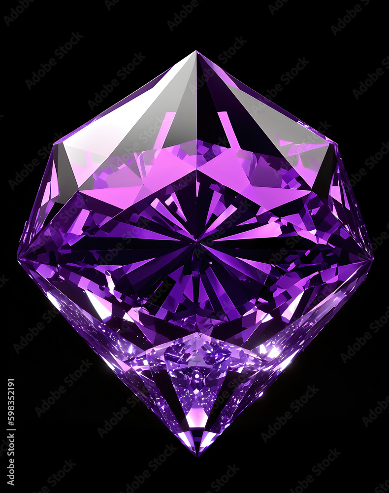 Beautiful purple gemstone isolated on black background, shiny sparkling crystal illustration. generative Ai.