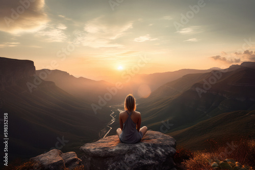 Woman Meditating in Lotus Pose on Cliff with Scenic View