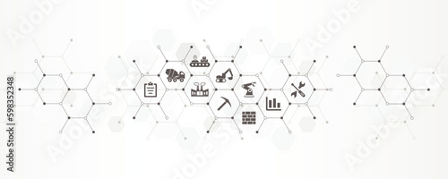 manufacturing challenges banner vector illustration with the website icons and symbol of graph, crane, tool, industrial, work, brick business concept