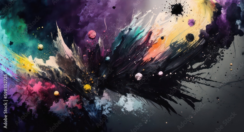 Dark abstract watercolor background with chaotic colored paint splashes. Generative AI.