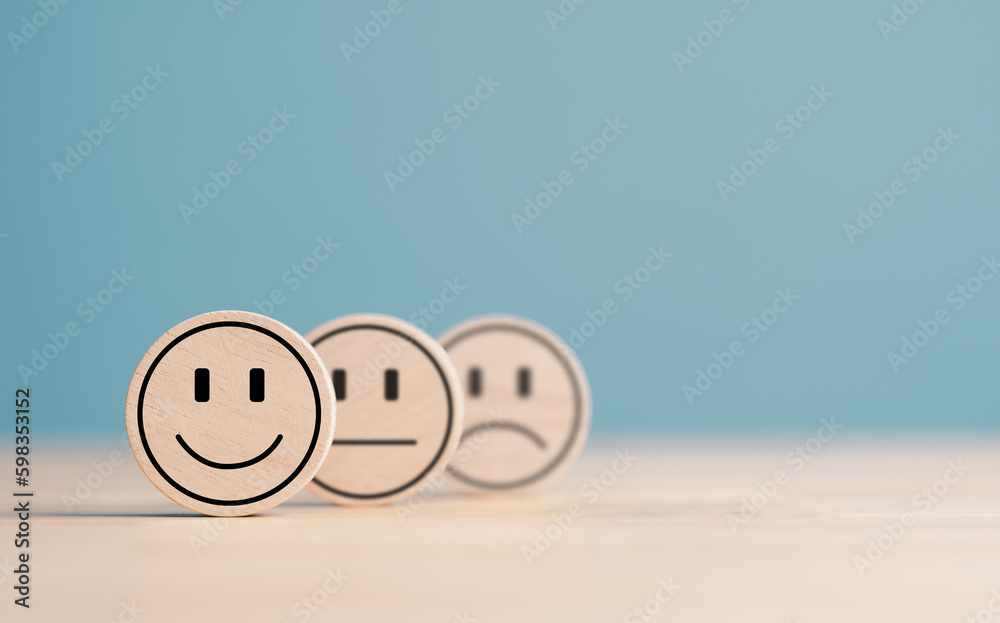Wooden label with happy normal and sad face icons for experience survey services and products review concept. Customer or Client show Good Neutral or Negative feedback and satisfaction rating. - obrazy, fototapety, plakaty 