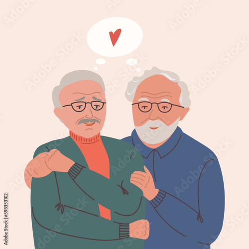 Old adult gay couple mental health recovery vector illustration. Psychical relief aged elder LGBTQ men in a calm and love giving hugs. Mature people self care portrait Isolated