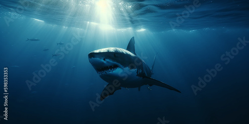 Weißer Hai, Sonnenstrahlen brechen im Meer, ai generativ