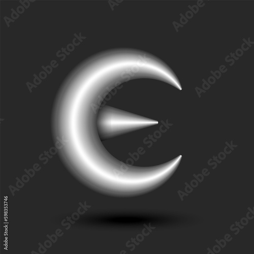 Letter E logo 3d crescent shape gray gradient with shadows, creative identity calligraphic mark.