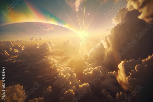 Flight through cloudscape at sunset golden hour with beautiful rainbow and lens flare aura. Heaven sky background with large clouds. Magical fantasy sky skyline as sunrise background. Generative AI