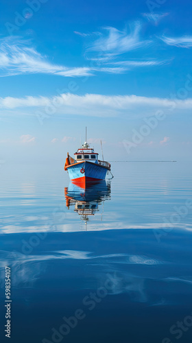 Small boat on a calm sea, Generative AI