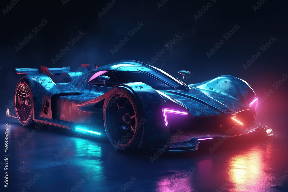 Futuristic Car with Neon Lights, Lighting, Laser, Made by AI, AI generated, Artificial intelligence	