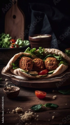 Falafel in pita bread on wooden background. AI generated photo