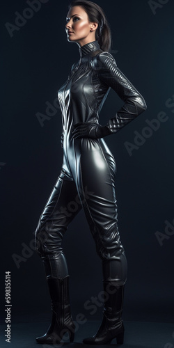 Sexy Frau in schwarzen Motorrad Lederanzug in kurvenreiche Pose, ai generativ