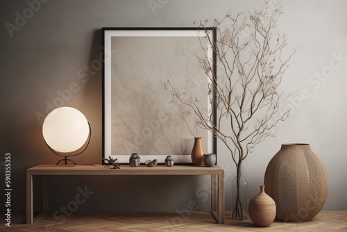 Warm neutral wabi sabi style minimalist interior mockup with poster frame, jute decoration, candles, ceramic jug, table, desk lamp and dried plant, branches, against empty conc rete wall. © Eli Berr