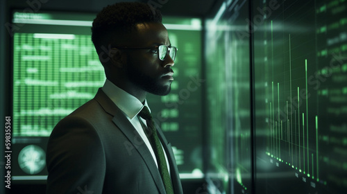 Colored Financial Businessman Stands Amid Bright, Optimistic Financial Growth, With Visible Graphs and Numbers Displayed on Screens