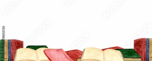 Frame from colorful books. Watercolor hand drawn illustration isolated on white background. Template for banner, design cards, flyers and invitations.