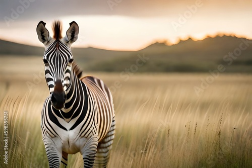 A stunning portrait of a zebra  showcasing its unique black and white striped coat in the scenic Serengeti National Park.Generated by AI