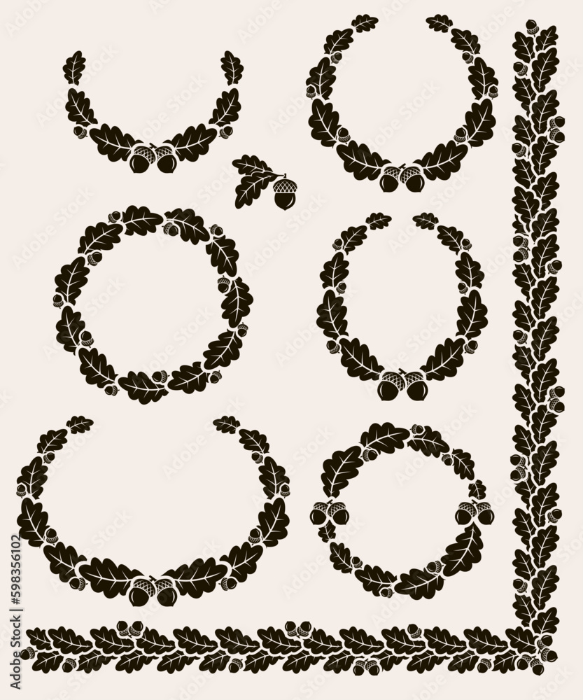 Obraz premium Acorns frame and leaves collection set. Vector