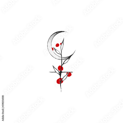 Black ink lilith symbol floral tattoo vector with watercolor red dots