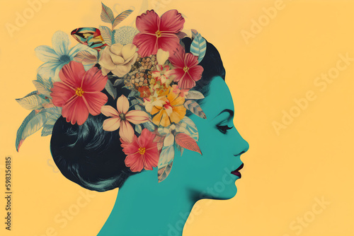 Collage with blue woman head and flowers on a yellow background, vintage collage.  © JulMay
