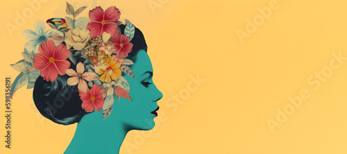 Collage with woman head and flowers on a yellow background, vintage collage with copy space. Generative AI. © JulMay