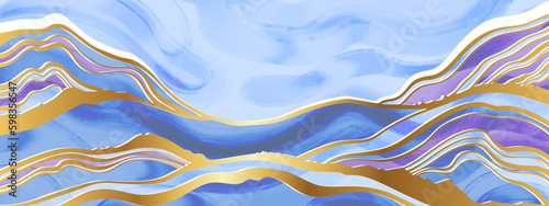 Minimal mountain abstract background, vector watercolor texture landscape, painting water wave. Simple rural nature scene, geometric oriental Japan blue hills golden line. Minimal landscape design