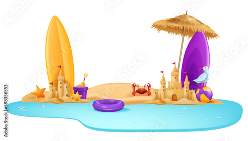 3D sand castle, vector summer beach clipart, cartoon ocean shore, exotic sea holiday vacation. Children tropical game tower, sun umbrella, surfboard, seaside crab bucket. Yellow sand castle season