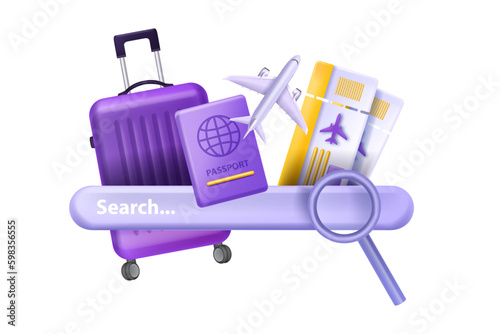 3D travel vacation vector flight ticket search online booking research hotel aeroplane data analysis. Tourism network marketing, internet journey planning, baggage, passport. Travel vacation clipart