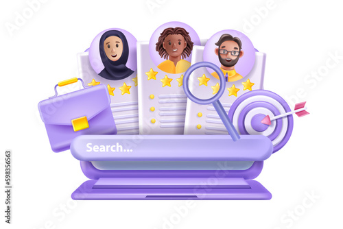3D CV icon, recruit headhunter job concept, vector human recourses company staff rating face avatar. Arab woman smiling male cartoon character, diverse team resume talent profile. 3D CV laptop search