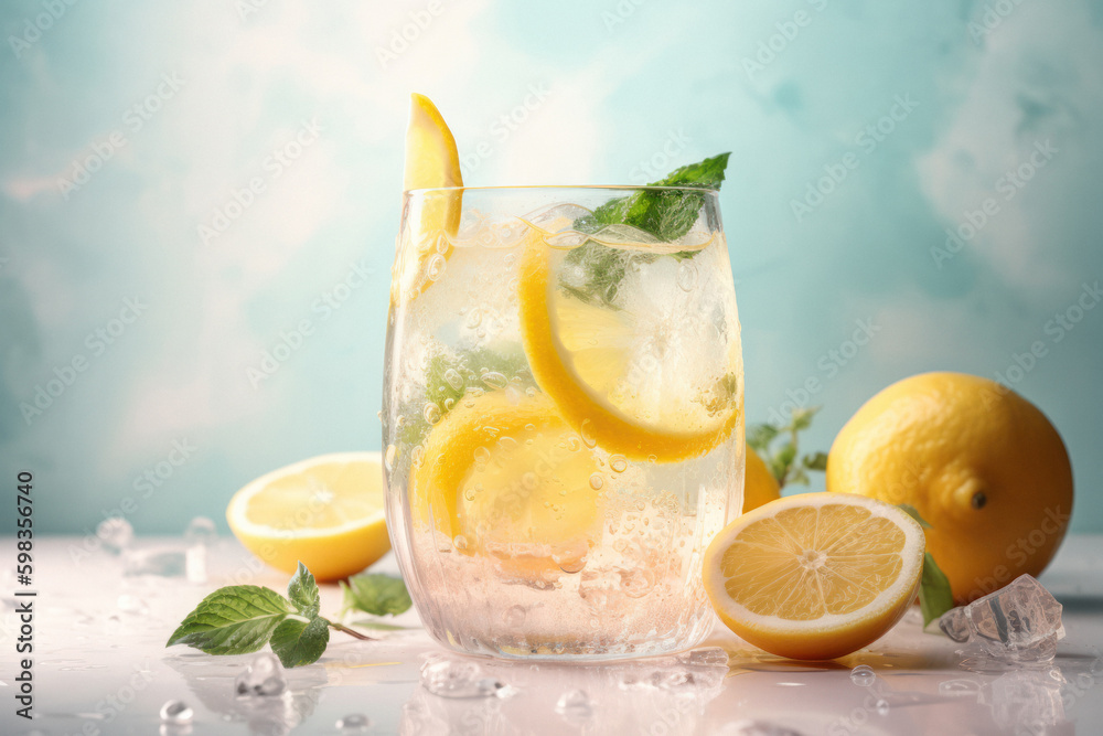 Refreshing Lemonade on Pastel Studio Background with Floating Lemon Slices Refreshing Lemonade on Pastel Studio Background with Floating Lemon Slices
