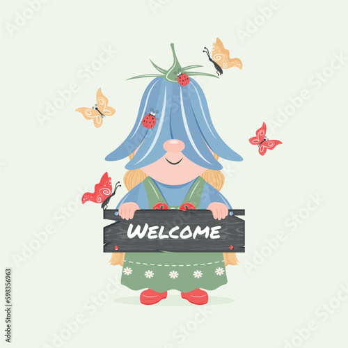 Cute garden gnome. The bell girl holds a sign with the inscription welcome. A joyful, kind, fairy-tale dwarf elf. Cartoon vector illustration