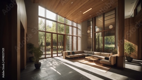 The use of natural light and earthy materials peaceful atmosphere modern building. AI generated