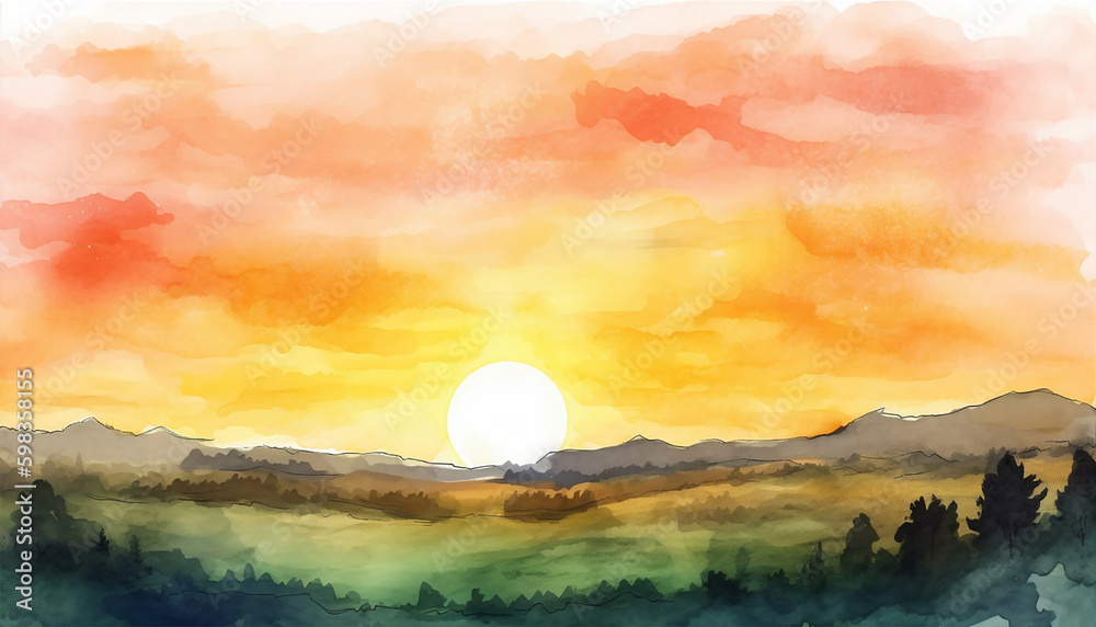Sunset landscape watercolor paint 