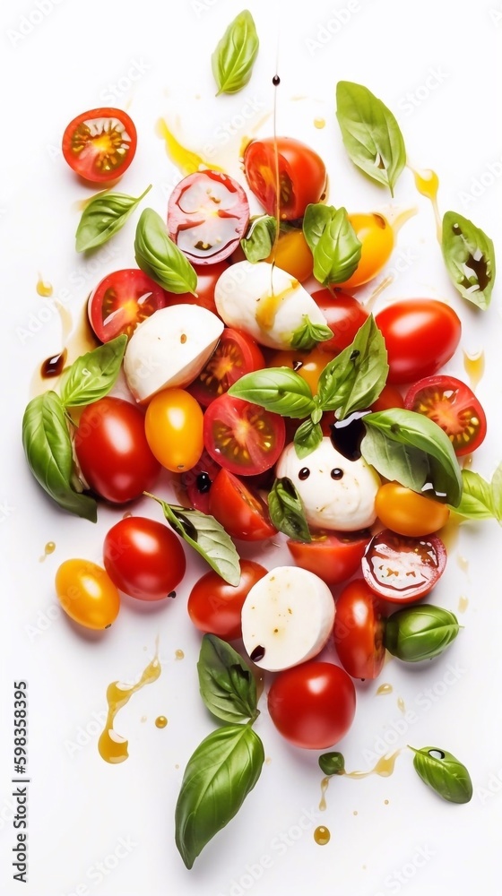 Salad Caprese with tomato, mozzarella and basil,. Top view. White isolatedbackground. Banner. AI generated Salad Caprese with tomato, mozzarella and basil,. Top view. White isolatedbackground. Banner. AI generated