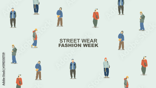 young people fashion set. fashion week streetwear style illustration set. 
