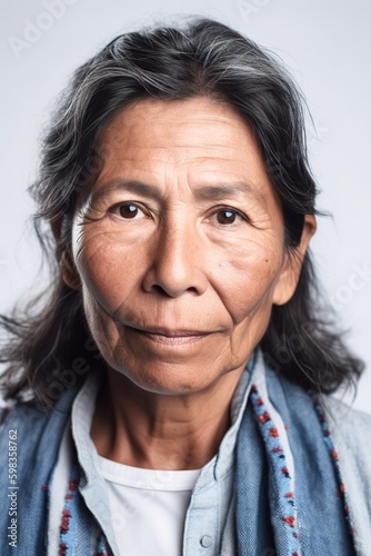 Senior Latin American woman head shot portrait over white background. Generative AI vertical shot