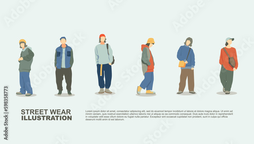 young people fashion set. fashion week streetwear style illustration set. 