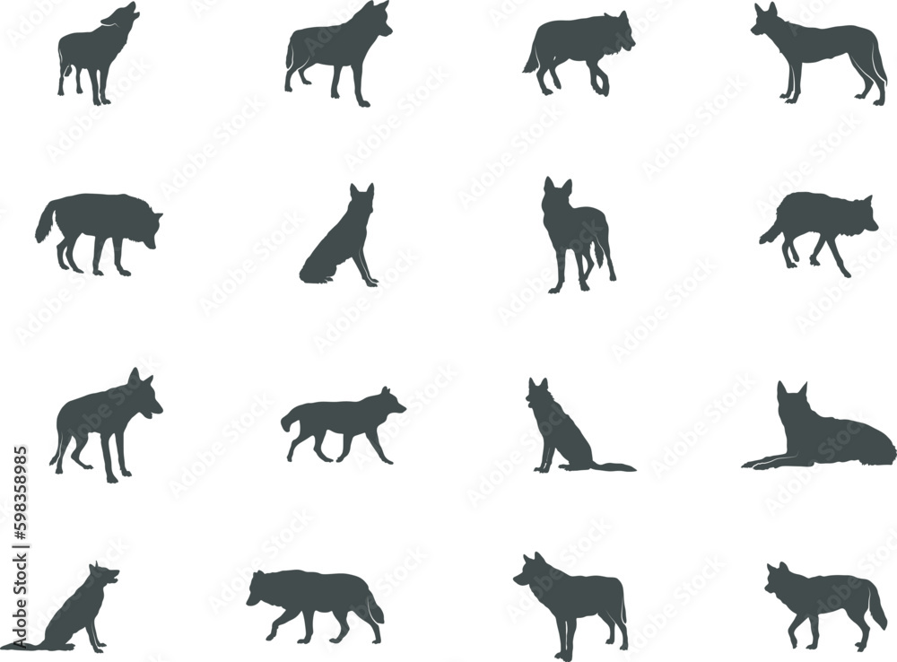 Wolf silhouette, Wolf SVG, Wolf vector set, Wolf icon, Animal silhouette. Wolf silhouette, Wolf SVG, Wolf vector set, Wolf icon, Animal silhouette.