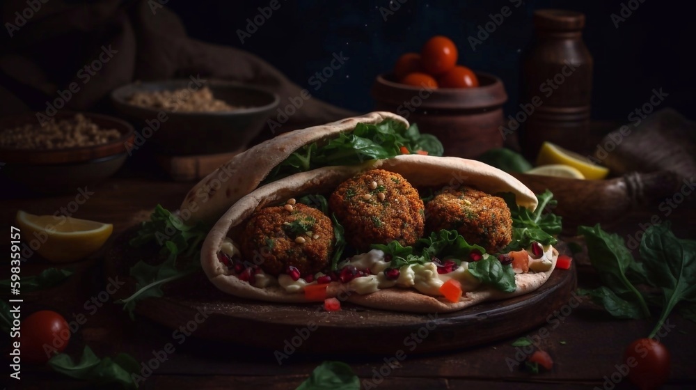 Falafel wraps with greens, vegetables and sause. Dark wooden background. AI generated