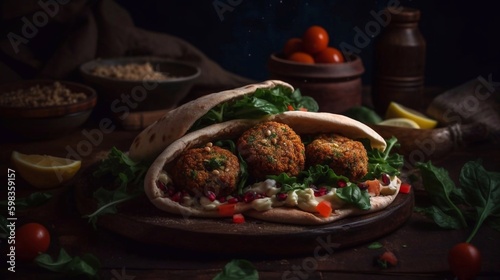 Falafel wraps with greens, vegetables and sause. Dark wooden background. AI generated