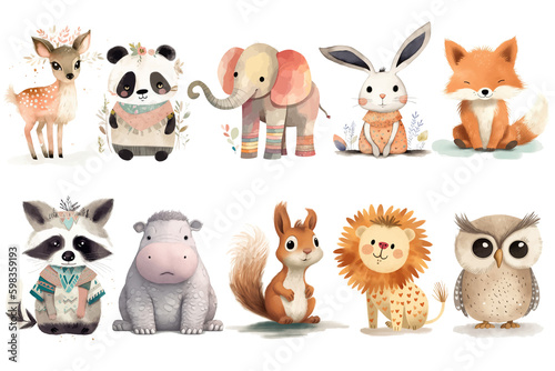 Fotografiet Safari Animal set deer, elephant, rabbit, fox, hippopotamus, squirrel, raccoon, lion, panda, owl in 3d style