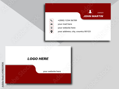 Modern creative business card, horizontal simple clean template vector design, layout in rectangle size, red and white color theme. 