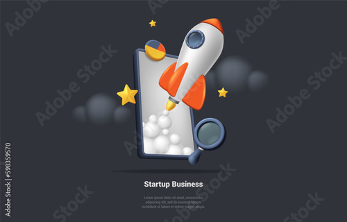 Concept Of New Business Or Startup Start, Finance, Investment. Spaceship Rocket Starting From Smartphone Screen. Toy Shuttle Upswing, Spewing Smoke. 3D Rendering Realistic Cartoon Vector Illustration