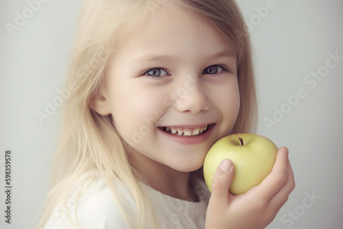 Pretty little smiling blond girl with an apple closeup, white background. Generative AI