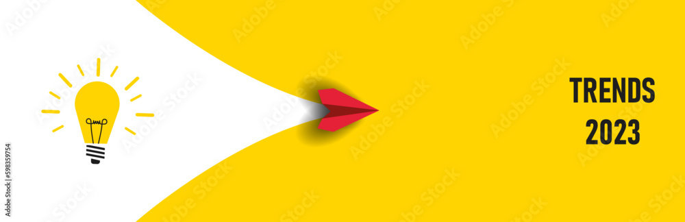 red paper airplane flying from burning light bulb trends 2023.new business,success idea concepts - obrazy, fototapety, plakaty 