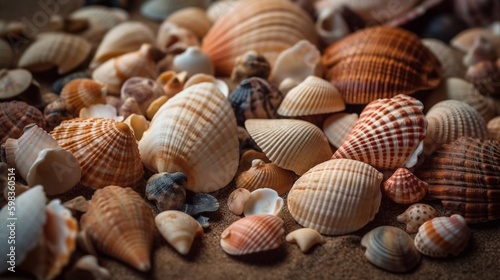 Seashells on sand background with AI generation