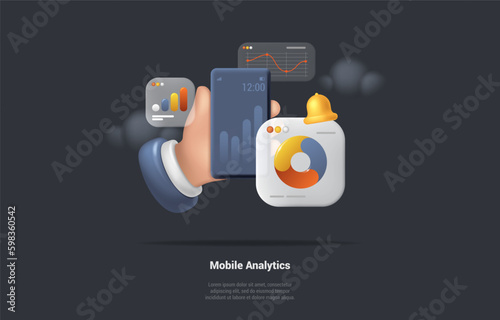 Concept Of Mobile Analytics. Growth Indicators On Smartphone Screen. Hand Holds Phone. Mobile Application For Data Analysis, Accounting And Electronic Report. 3d Render Realistic Vector Illustration