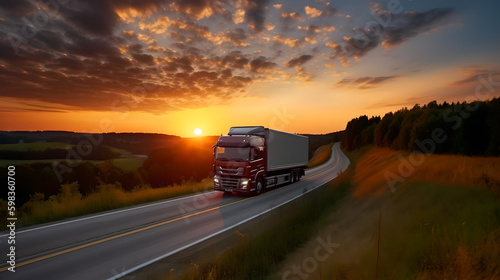 Truck Logistic Driving along the Countryside on Scenic Landscape Background © devilkiddy