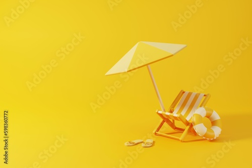 Canvas Print Yellow summer background with umbrella, swimming ring, beach chair and sandals
