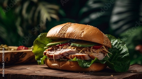  Pulled pork sandwich on a cutting board and palm leaves backgroung. AI generated photo