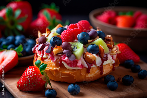 A donut is decorated with a variety of colorful and fruity toppings, including chopped strawberries, kiwi, and blueberries.