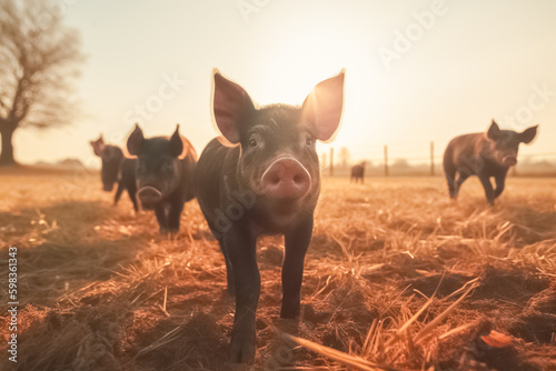 Young pigs grazing on green grass. Lots of cute piglets on the walk. Piglets. Pig farming. © BlazingDesigns