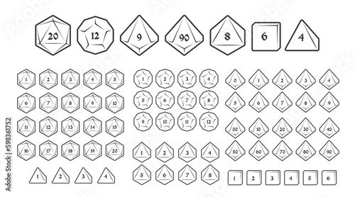D4, D6, D8, D10, D12, and D20 Dice Icons for Boardgames With Numbers, Line Style photo