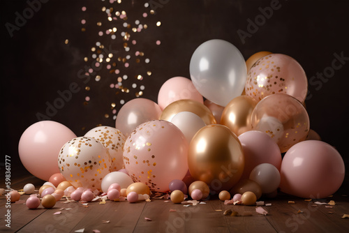 Balloons composition with confetti, sparkles. Celebration space with place for text. background for holidays, birthday party. Generative Ai.